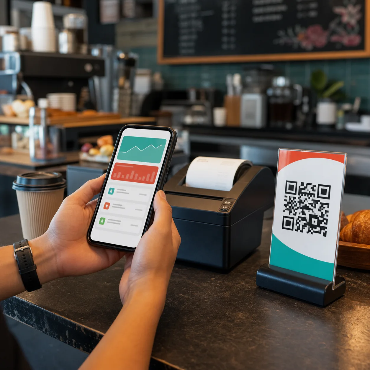 Phone dashboard beside a receipt printer and QR ordering stand in a cafe